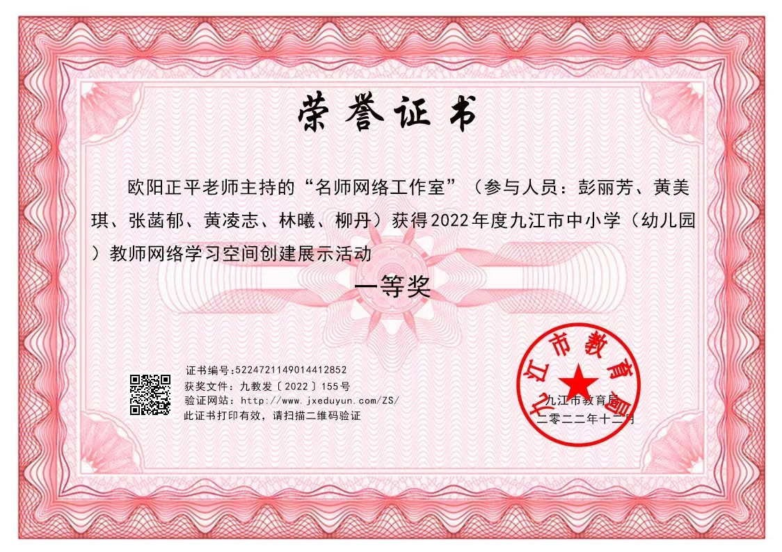 名师网络工作室荣获九江市一等奖